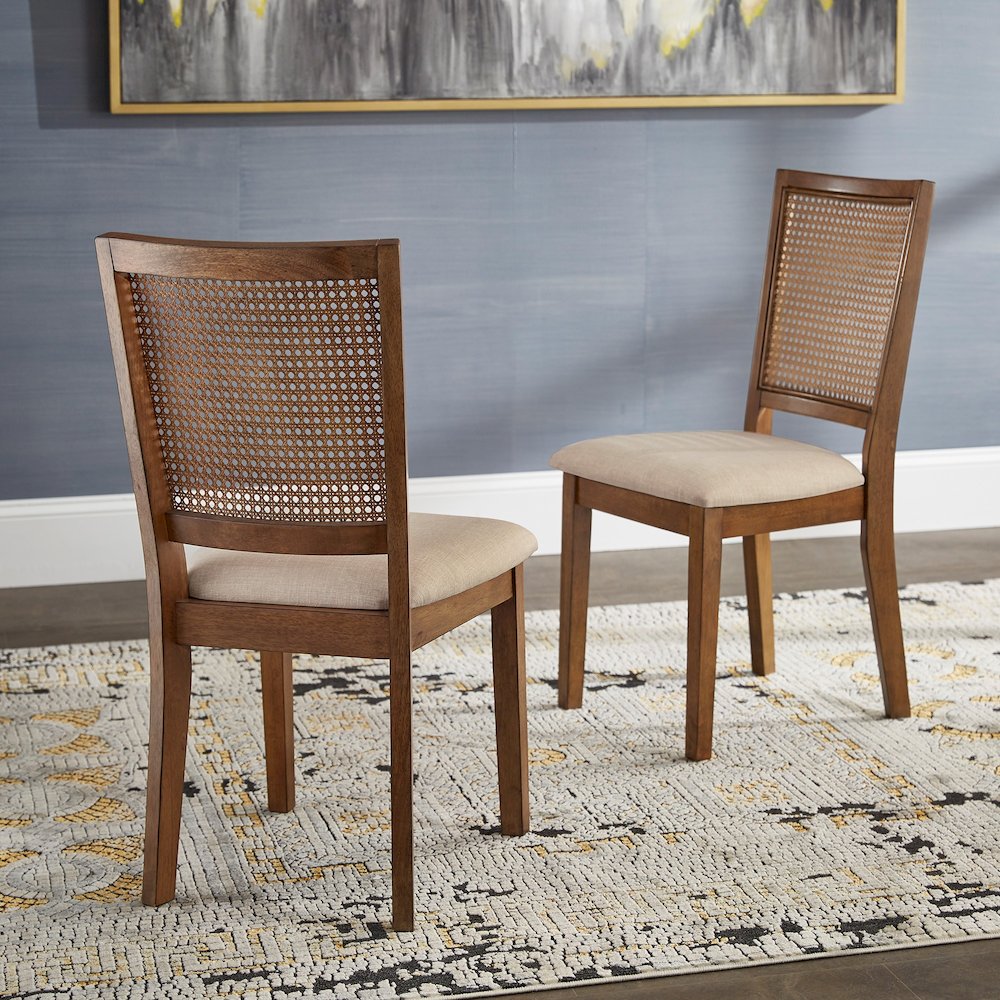 Set of 2, Oak Finish Beige Linen Synthetic Rattan Back Dining Chair. Picture 2