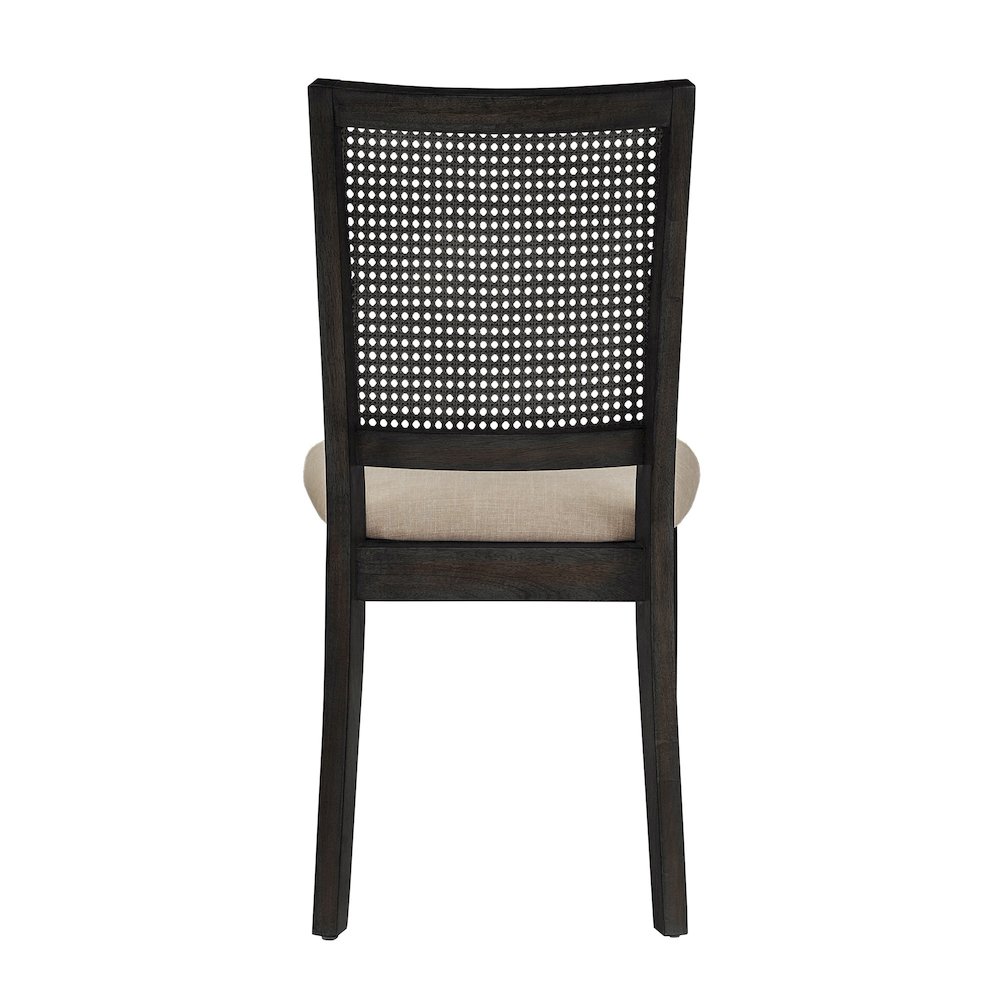 Set of 2, Antique Black Finish Beige Linen Synthetic Rattan Back Dining Chair. Picture 8