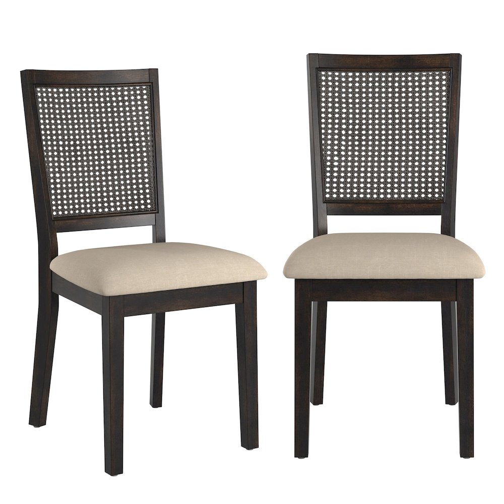 Set of 2, Antique Black Finish Beige Linen Synthetic Rattan Back Dining Chair. Picture 5