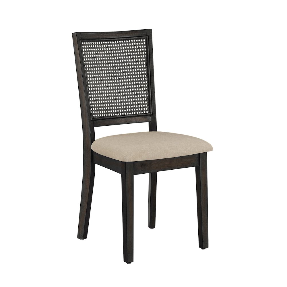 Set of 2, Antique Black Finish Beige Linen Synthetic Rattan Back Dining Chair. Picture 7