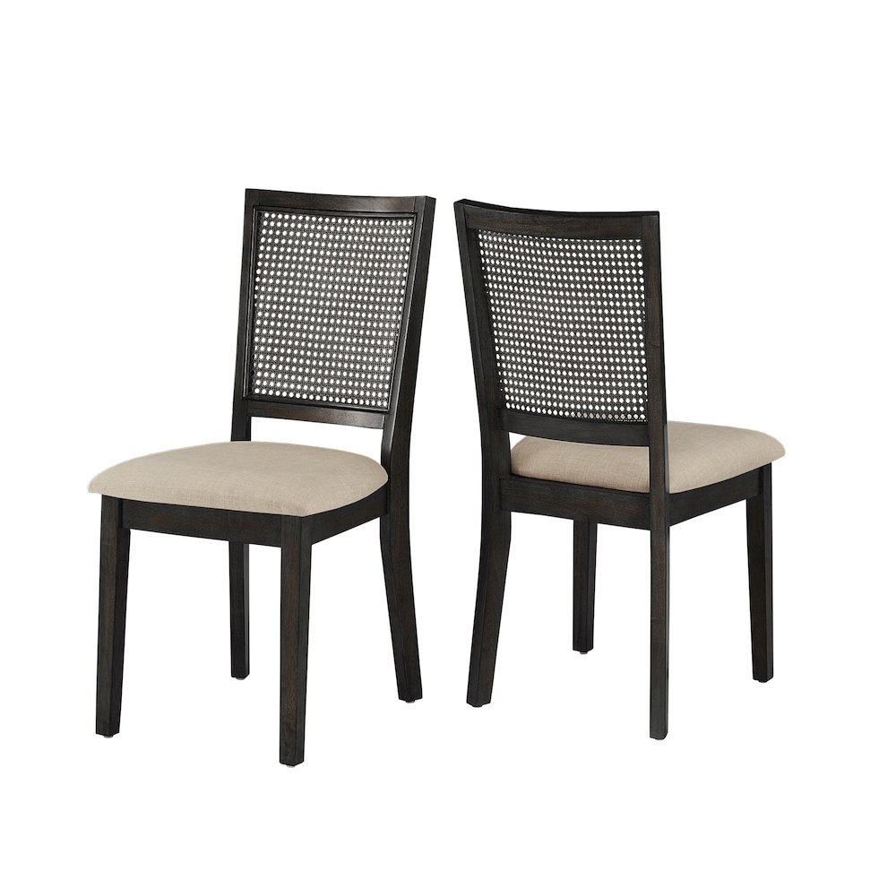Set of 2, Antique Black Finish Beige Linen Synthetic Rattan Back Dining Chair. Picture 9