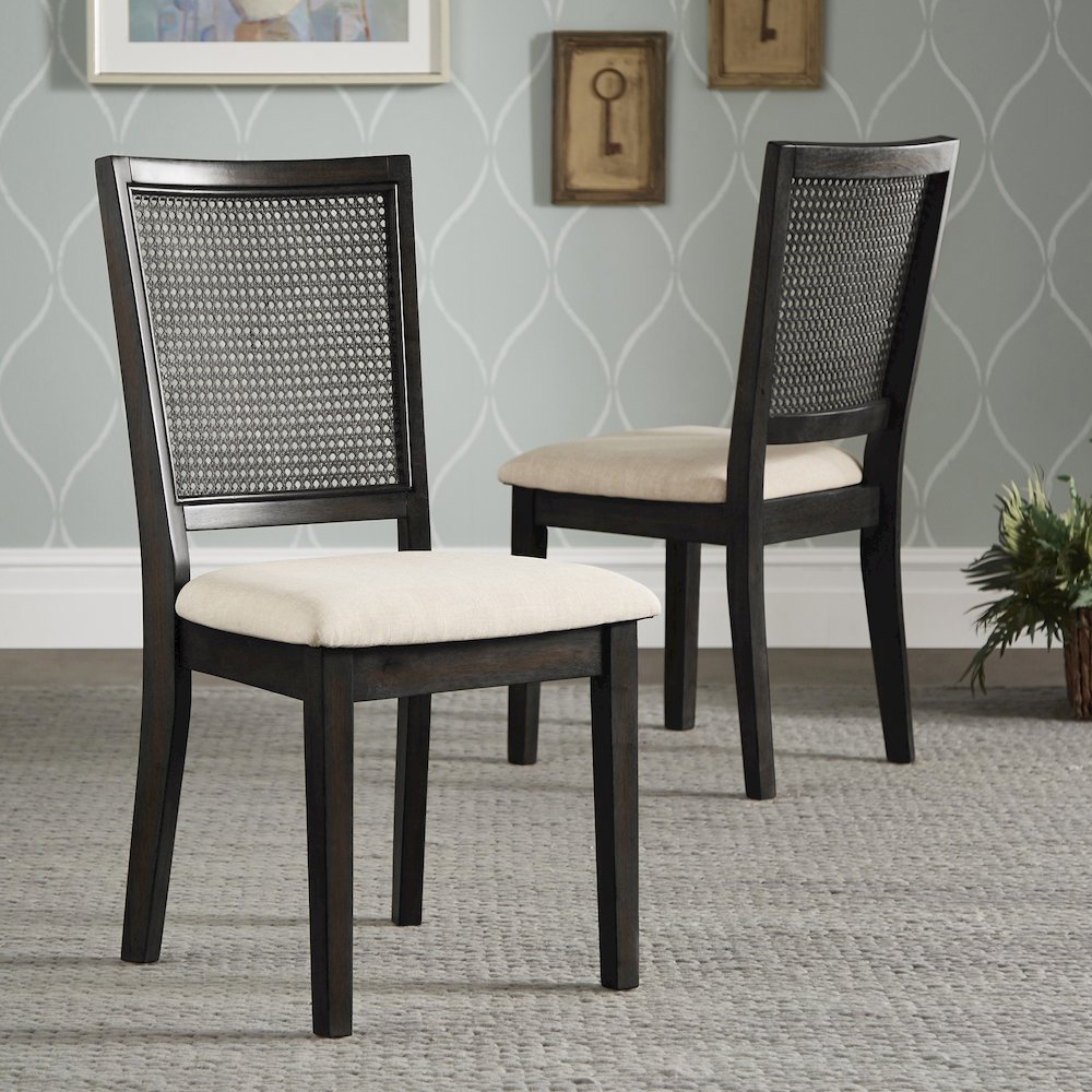 Set of 2, Antique Black Finish Beige Linen Synthetic Rattan Back Dining Chair. Picture 1
