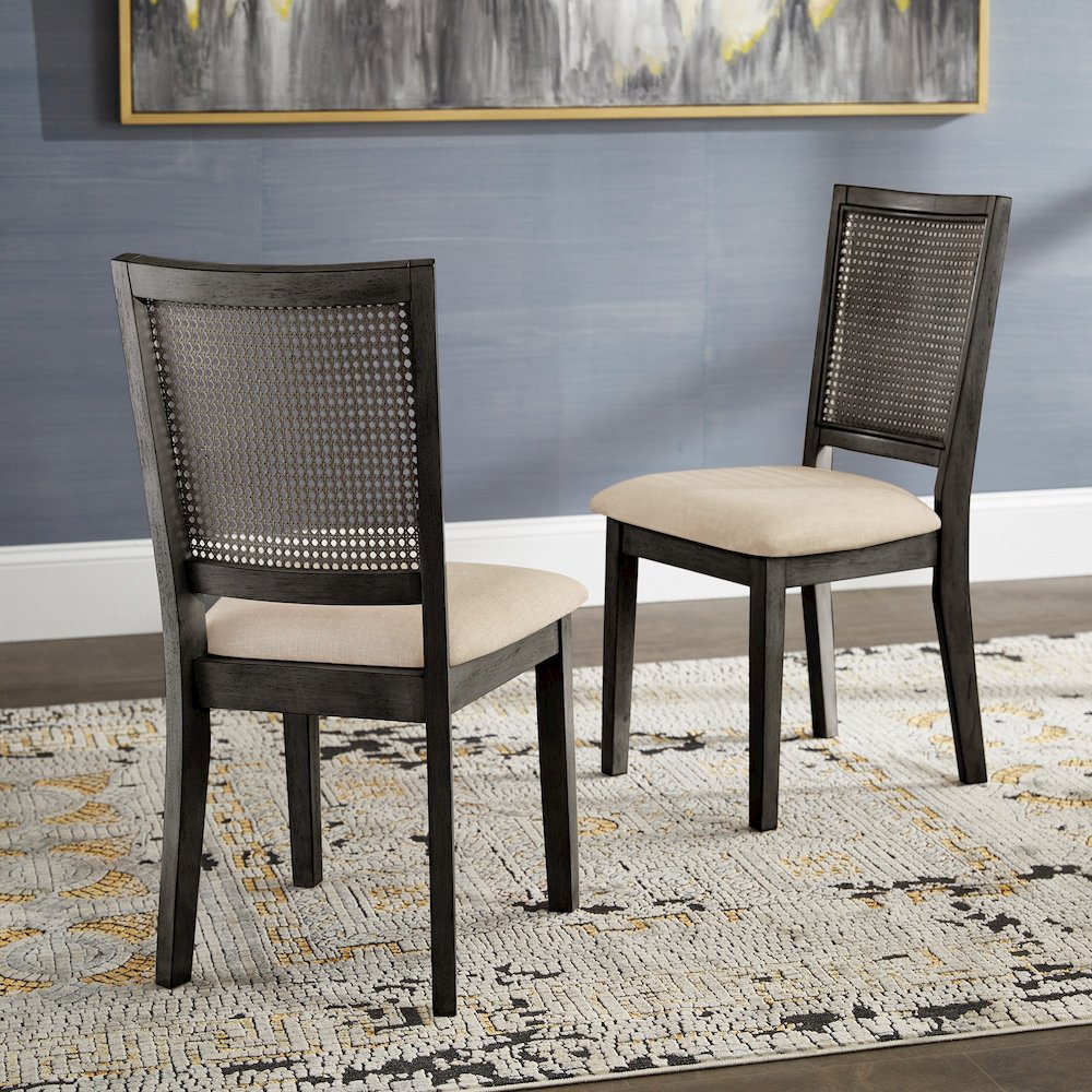 Set of 2, Antique Black Finish Beige Linen Synthetic Rattan Back Dining Chair. Picture 2