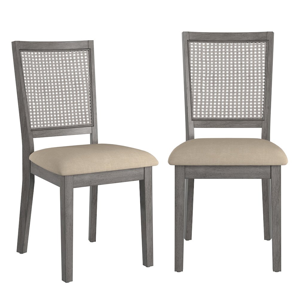 Set of 2, Antique Grey Finish Beige Linen Synthetic Rattan Back Dining Chair. Picture 4