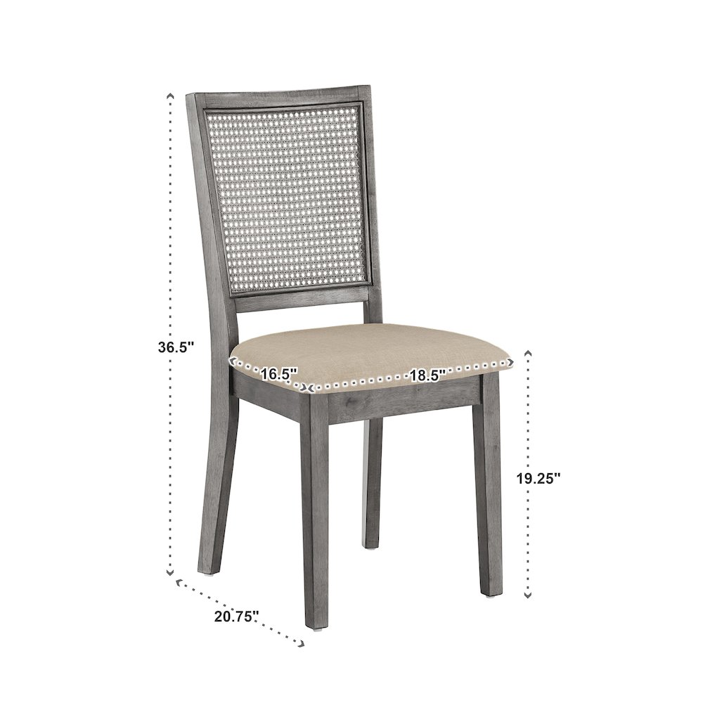 Set of 2, Antique Grey Finish Beige Linen Synthetic Rattan Back Dining Chair. Picture 5