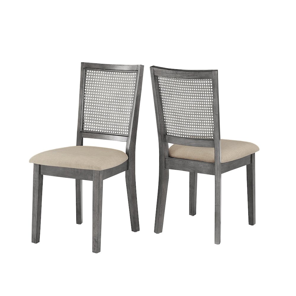 Set of 2, Antique Grey Finish Beige Linen Synthetic Rattan Back Dining Chair. Picture 8