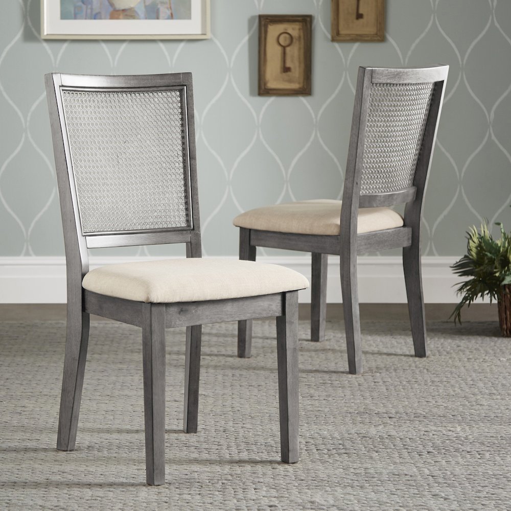 Set of 2, Antique Grey Finish Beige Linen Synthetic Rattan Back Dining Chair. Picture 1