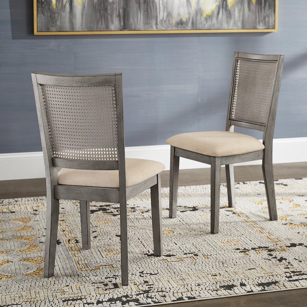 Set of 2, Antique Grey Finish Beige Linen Synthetic Rattan Back Dining Chair. Picture 2
