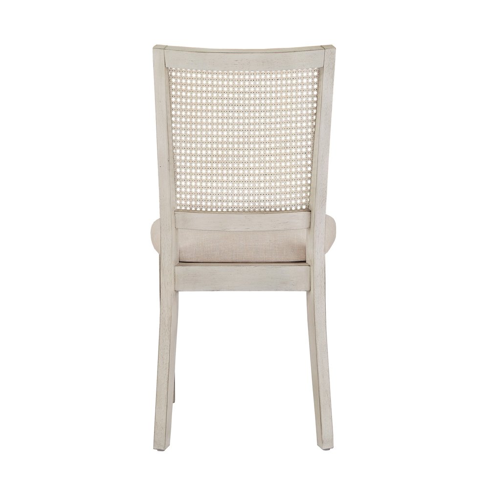 Set of 2, Antique White Finish Beige Linen Synthetic Rattan Back Dining Chair. Picture 7