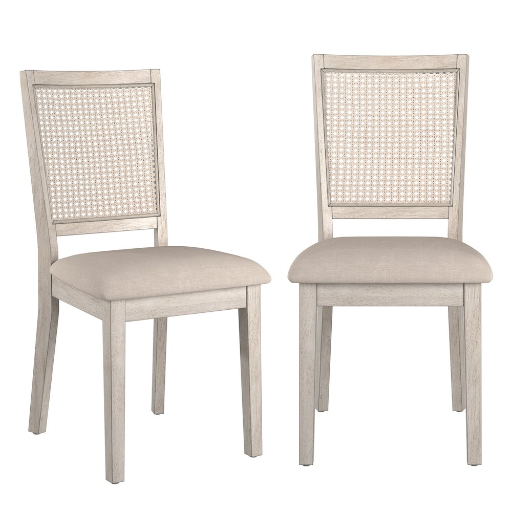 Set of 2, Antique White Finish Beige Linen Synthetic Rattan Back Dining Chair. Picture 4