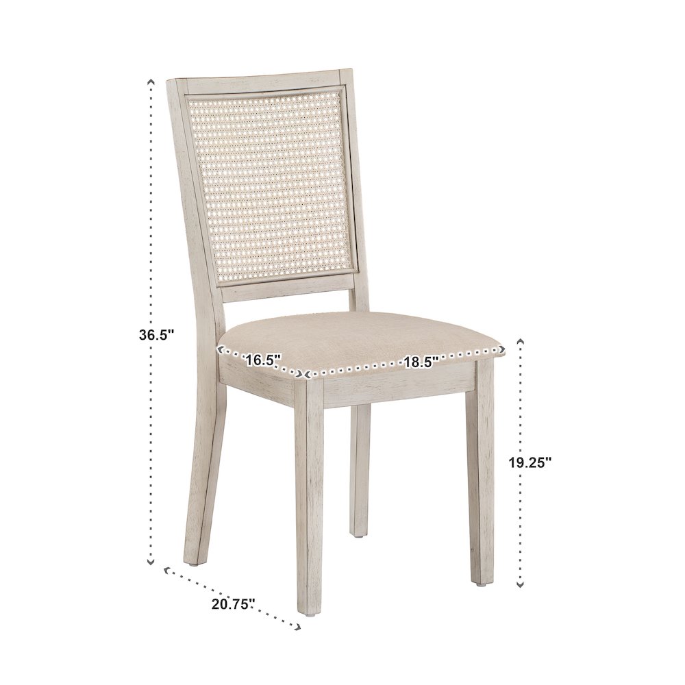 Set of 2, Antique White Finish Beige Linen Synthetic Rattan Back Dining Chair. Picture 5