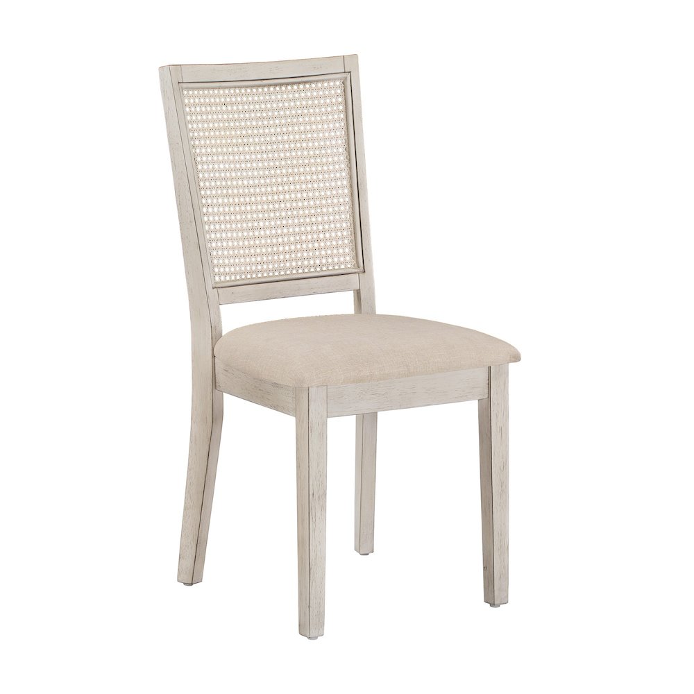 Set of 2, Antique White Finish Beige Linen Synthetic Rattan Back Dining Chair. Picture 6