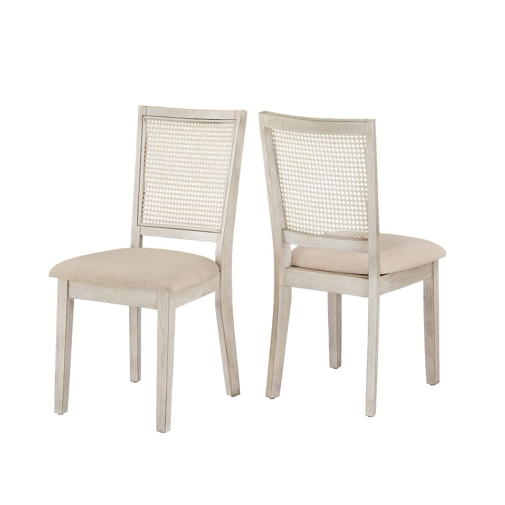 Set of 2, Antique White Finish Beige Linen Synthetic Rattan Back Dining Chair. Picture 8