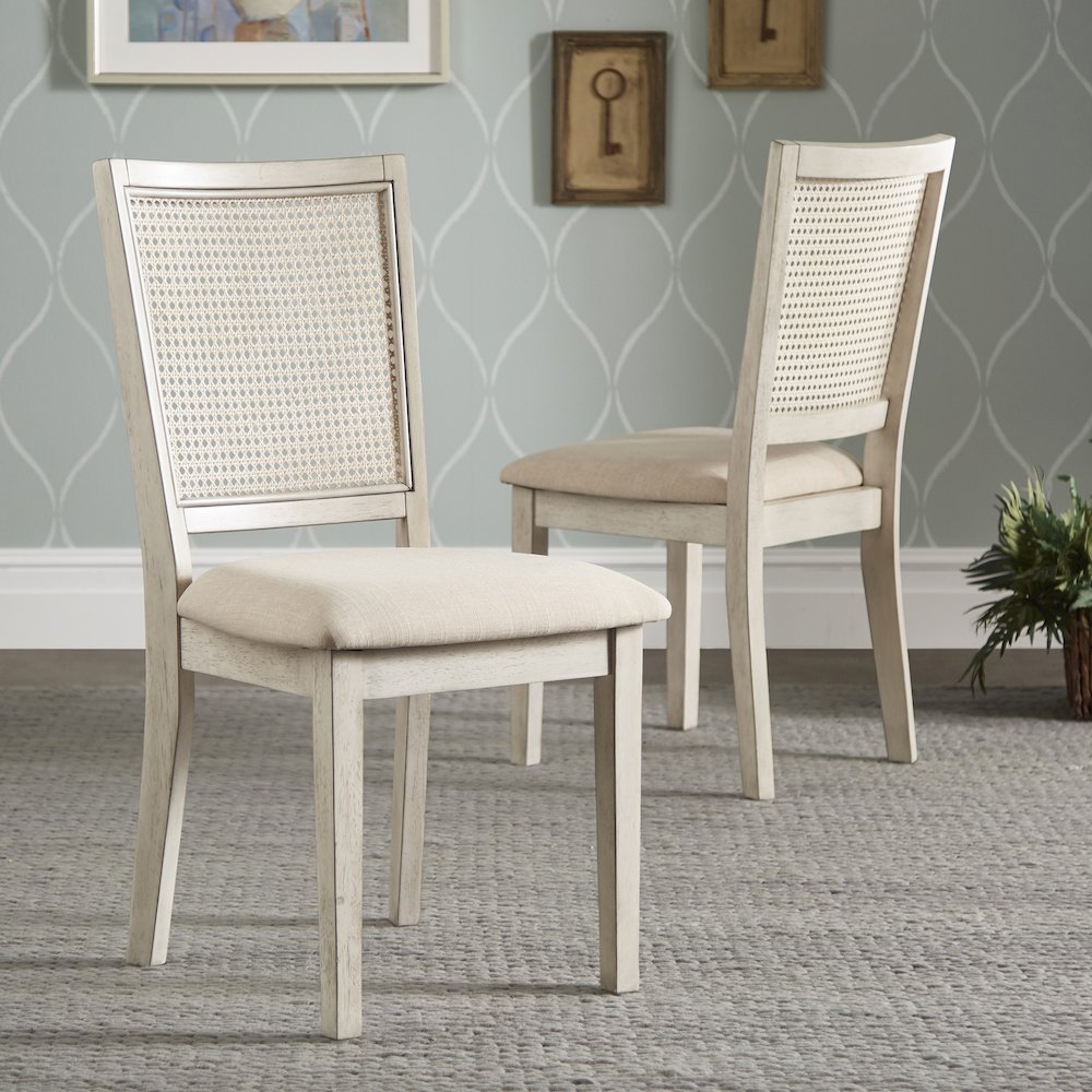 Set of 2, Antique White Finish Beige Linen Synthetic Rattan Back Dining Chair. Picture 1