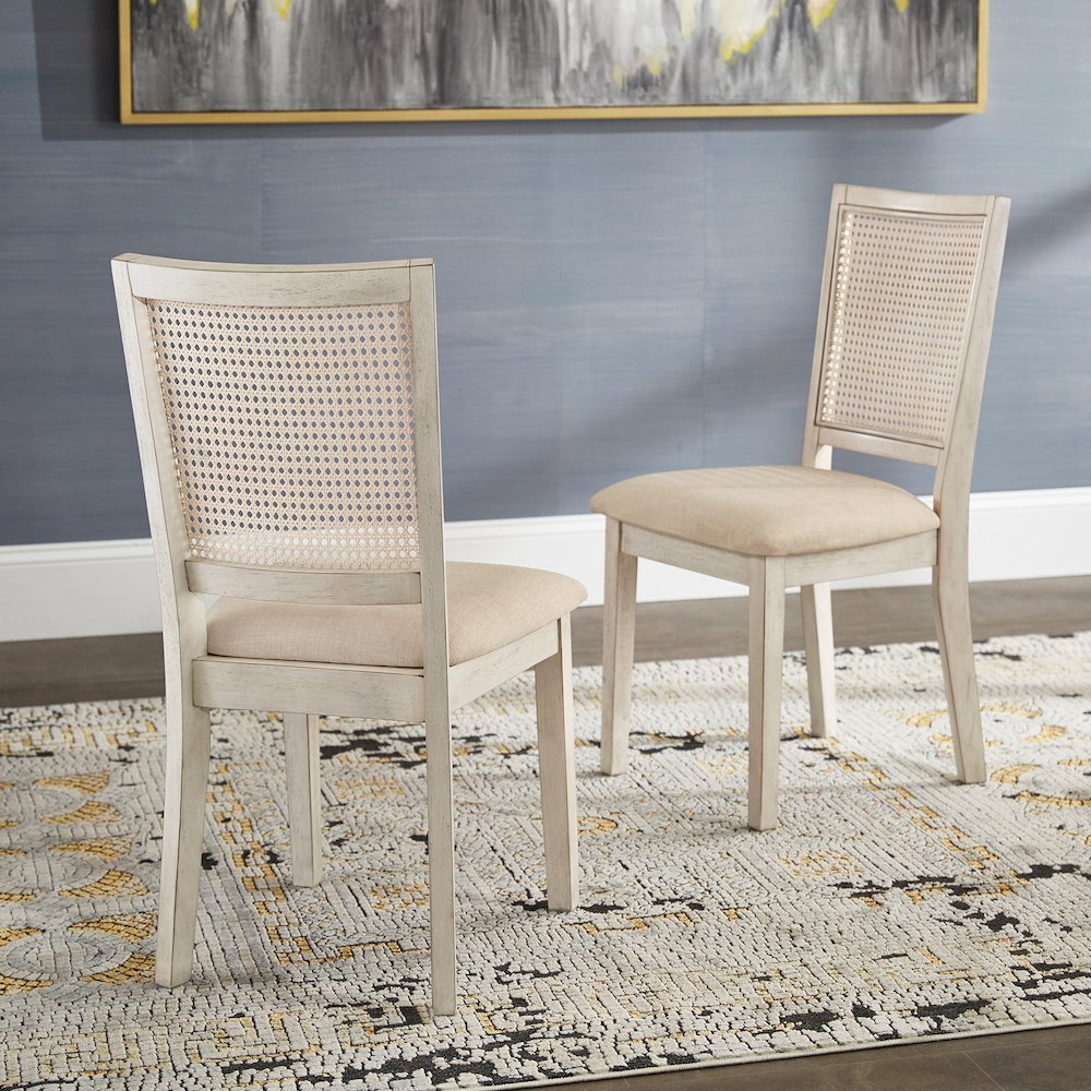 Set of 2, Antique White Finish Beige Linen Synthetic Rattan Back Dining Chair. Picture 2