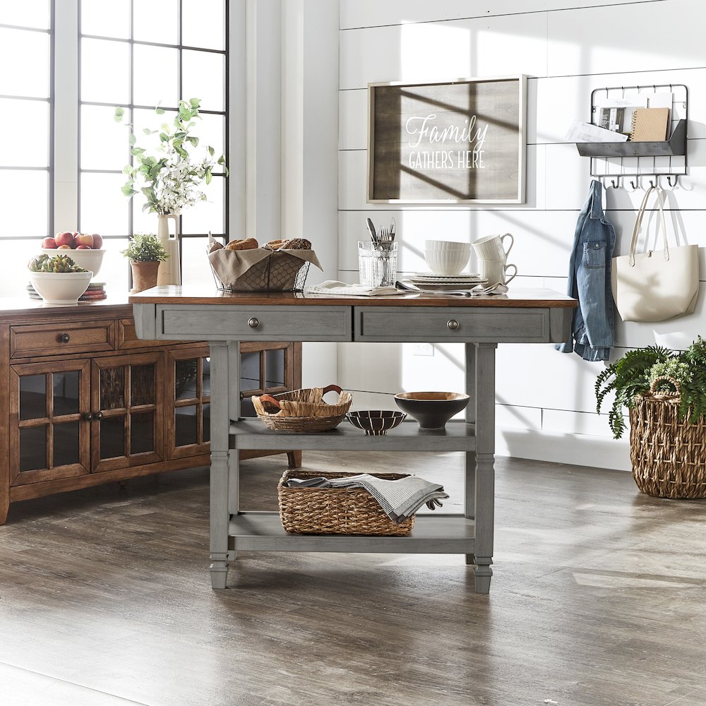 Two-Tone Antique Grey Finish Kitchen Island With Oak Top. Picture 2