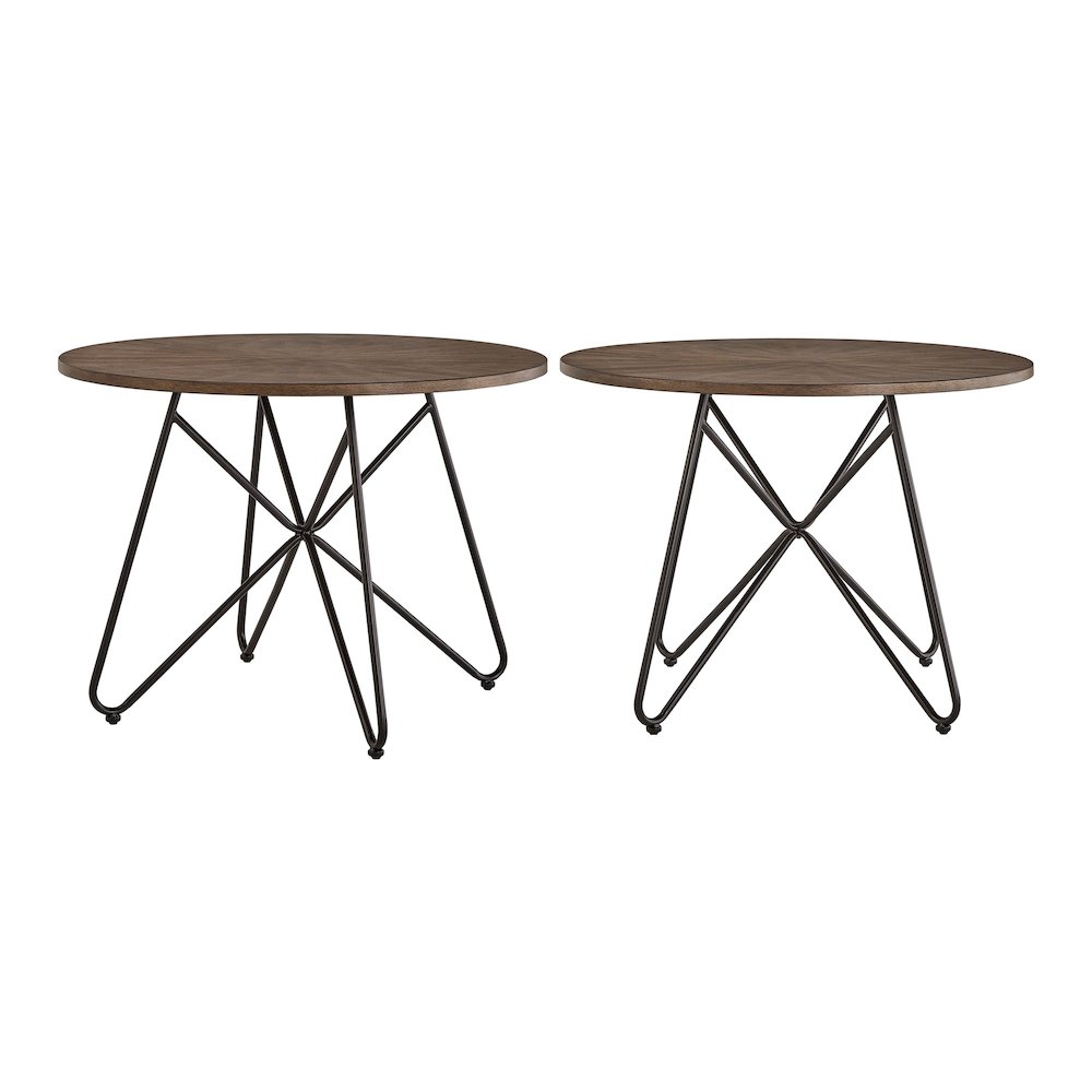 Distressed Walnut Finish Round Dining Table With Black Iron Legs. Picture 3