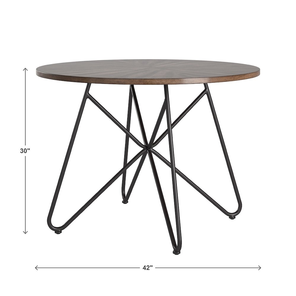 Distressed Walnut Finish Round Dining Table With Black Iron Legs. Picture 4