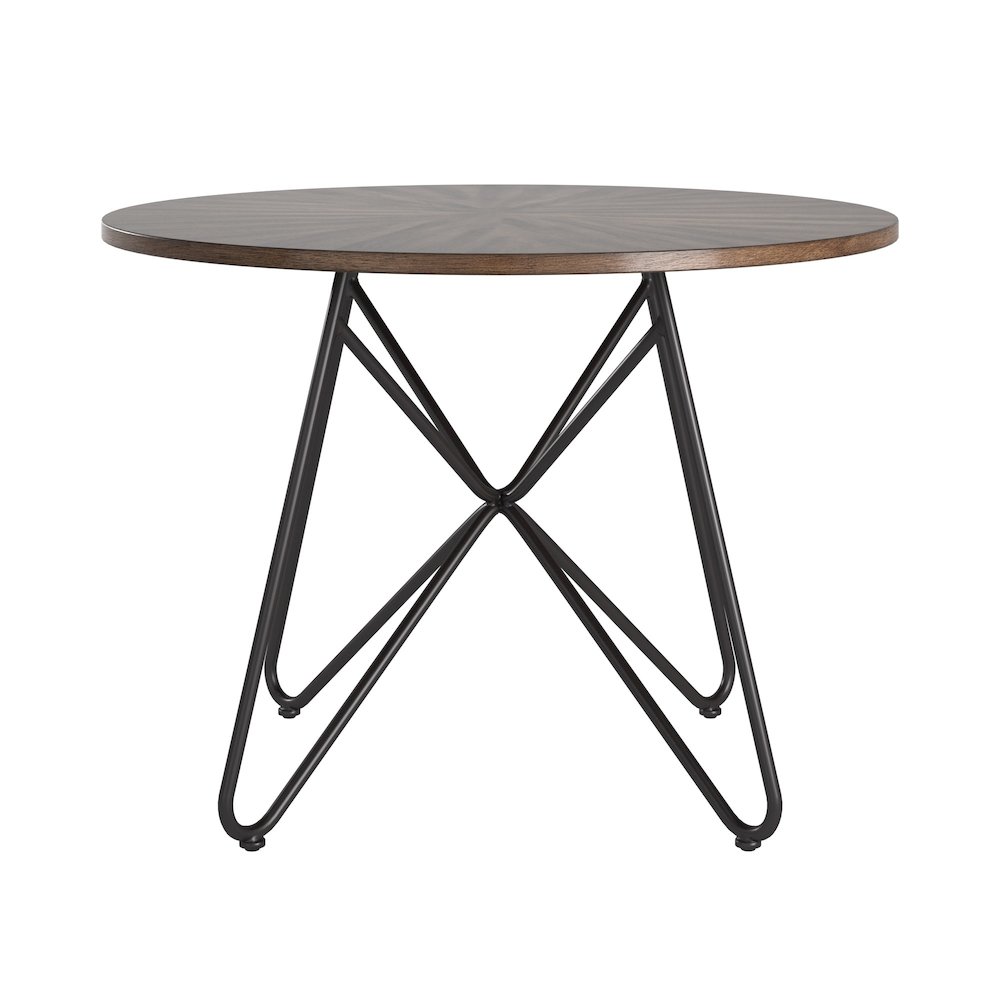 Distressed Walnut Finish Round Dining Table With Black Iron Legs. Picture 5