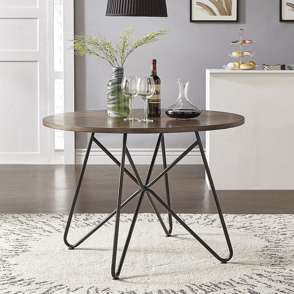 Distressed Walnut Finish Round Dining Table With Black Iron Legs. Picture 1
