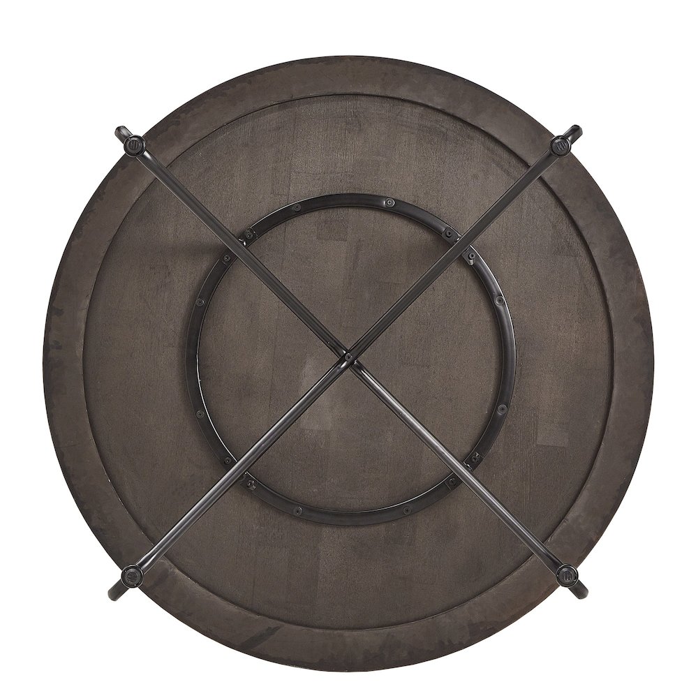 Distressed Walnut Finish Round Dining Table With Black Iron Legs. Picture 6