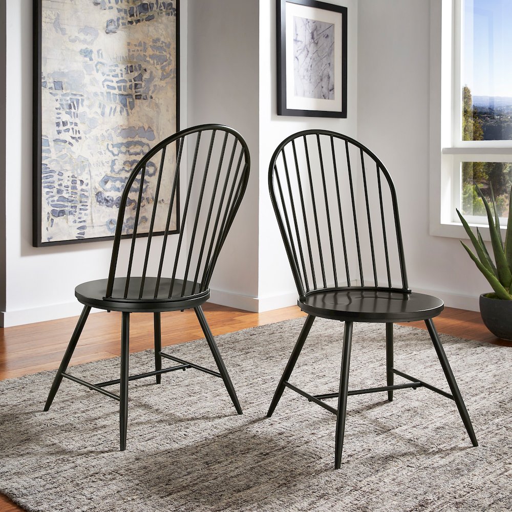 Set of 2, Black Finish Metal Hoop Back Windsor Side Chair With Wood Seat. Picture 2