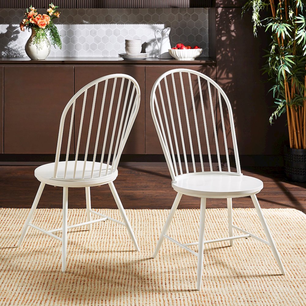 Set of 2, White Finish Metal Hoop Back Windsor Side Chair With Wood Seat. Picture 1