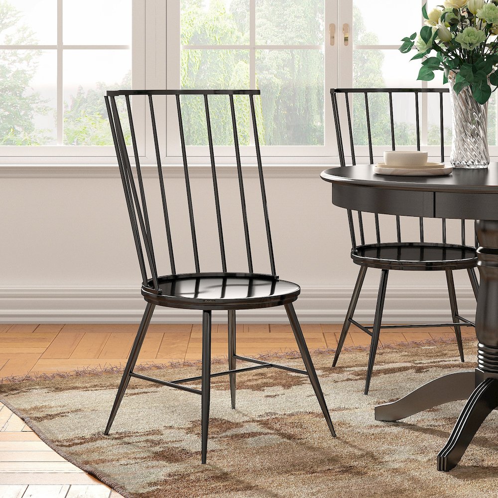 Set of 2, Black Finish Metal High Back Windsor Side Chair With Wood Seat. Picture 1