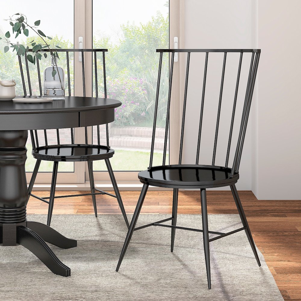 Set of 2, Black Finish Metal High Back Windsor Side Chair With Wood Seat. Picture 2