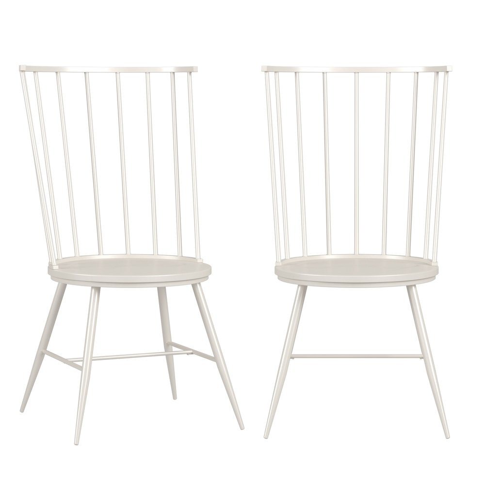 Set of 2, White Finish Metal High Back Windsor Side Chair With Wood Seat. Picture 2