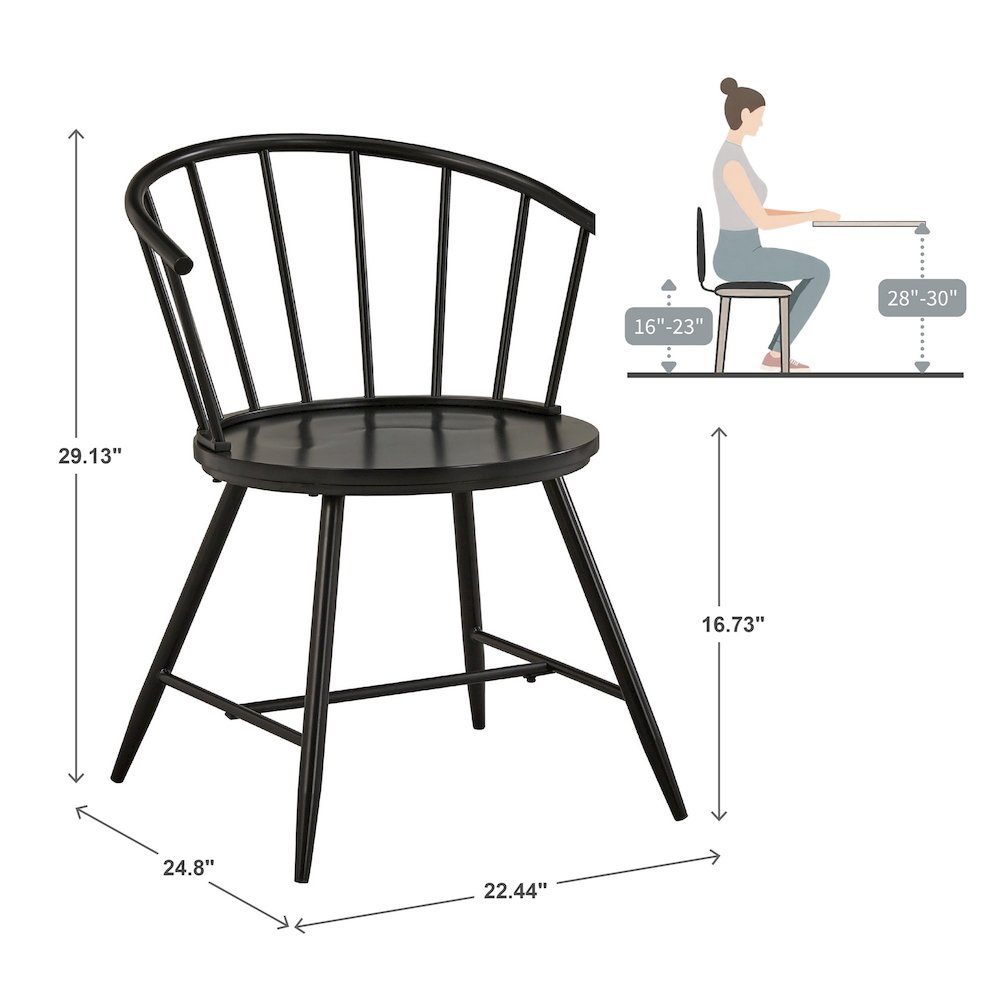 Set of 2, Black Finish Metal Slope Low Back Windsor Side Chair With Wood Seat. Picture 3