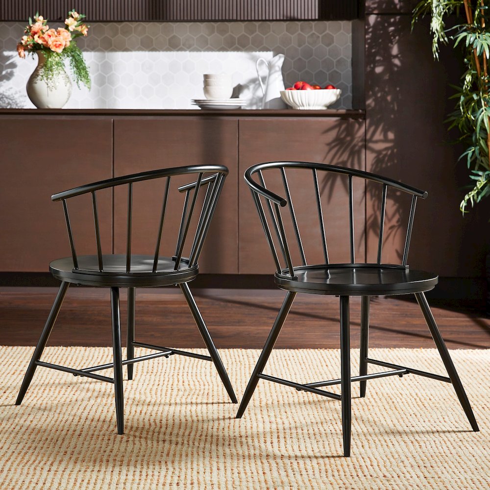Set of 2, Black Finish Metal Slope Low Back Windsor Side Chair With Wood Seat. Picture 1