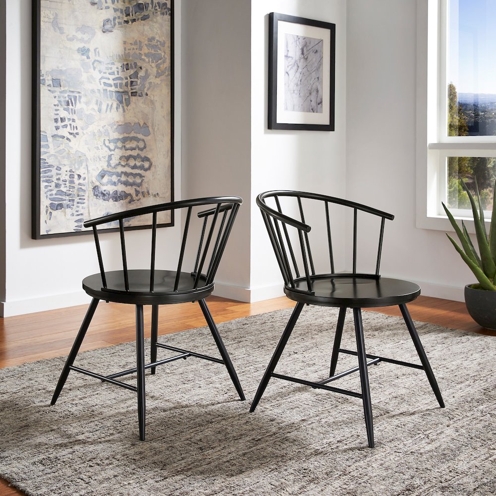 Set of 2, Black Finish Metal Slope Low Back Windsor Side Chair With Wood Seat. Picture 2