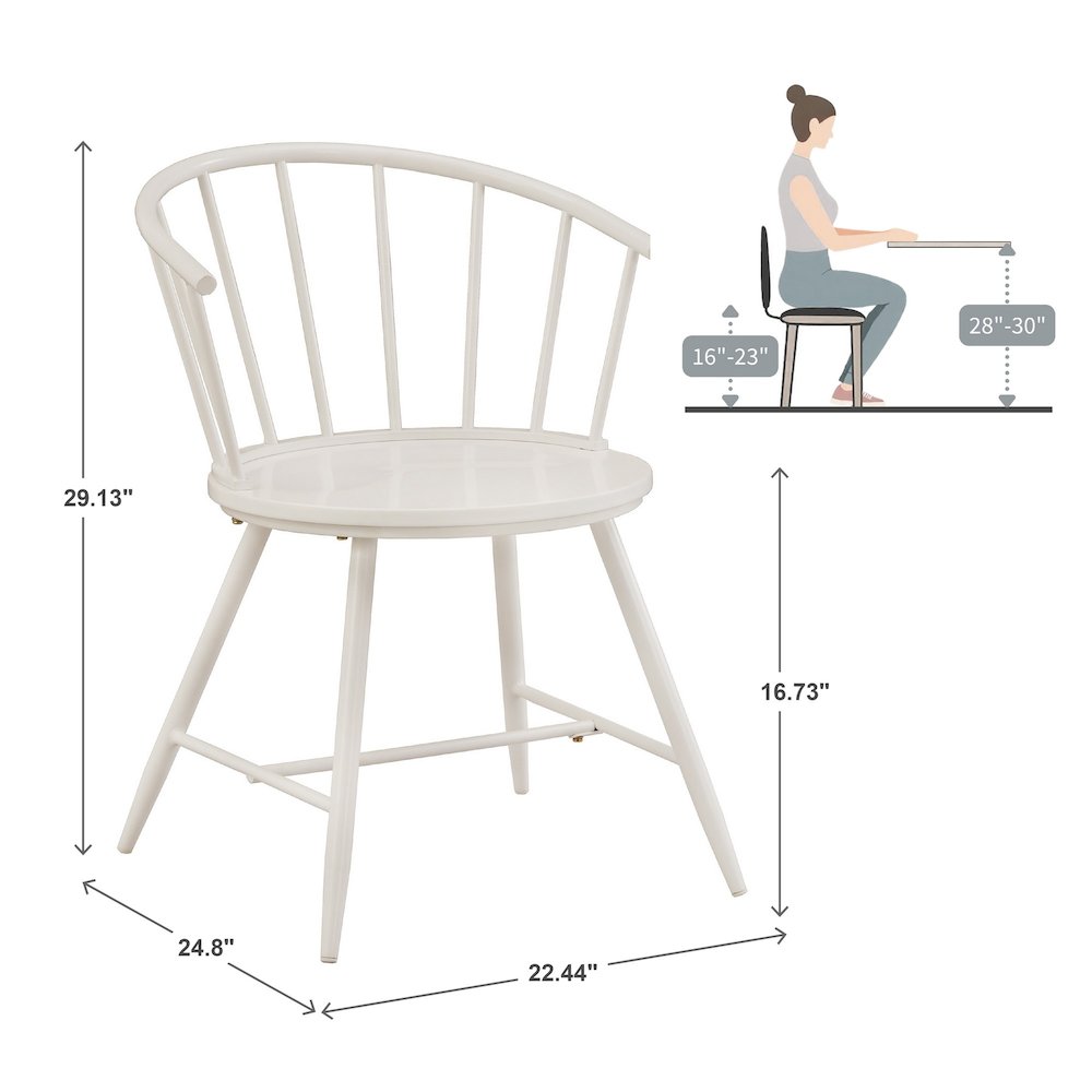 Set of 2, White Finish Metal Slope Low Back Windsor Side Chair With Wood Seat. Picture 3