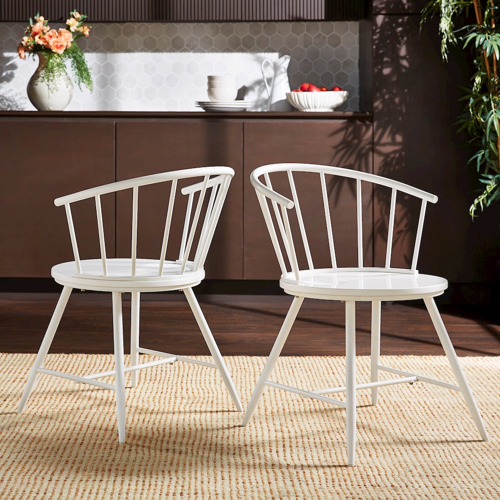 Set of 2, White Finish Metal Slope Low Back Windsor Side Chair With Wood Seat. Picture 1