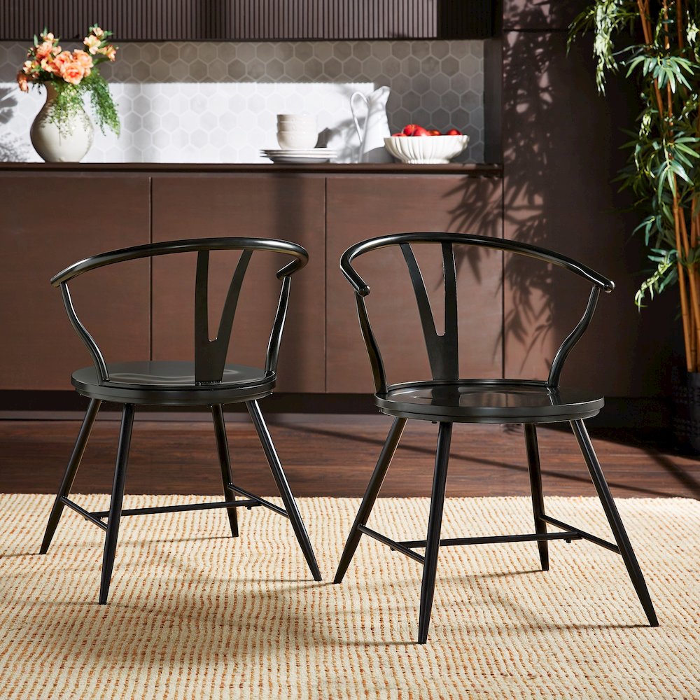 Set of 2, Black Finish Metal Wishbone Back Side Chair With Wood Seat. Picture 1