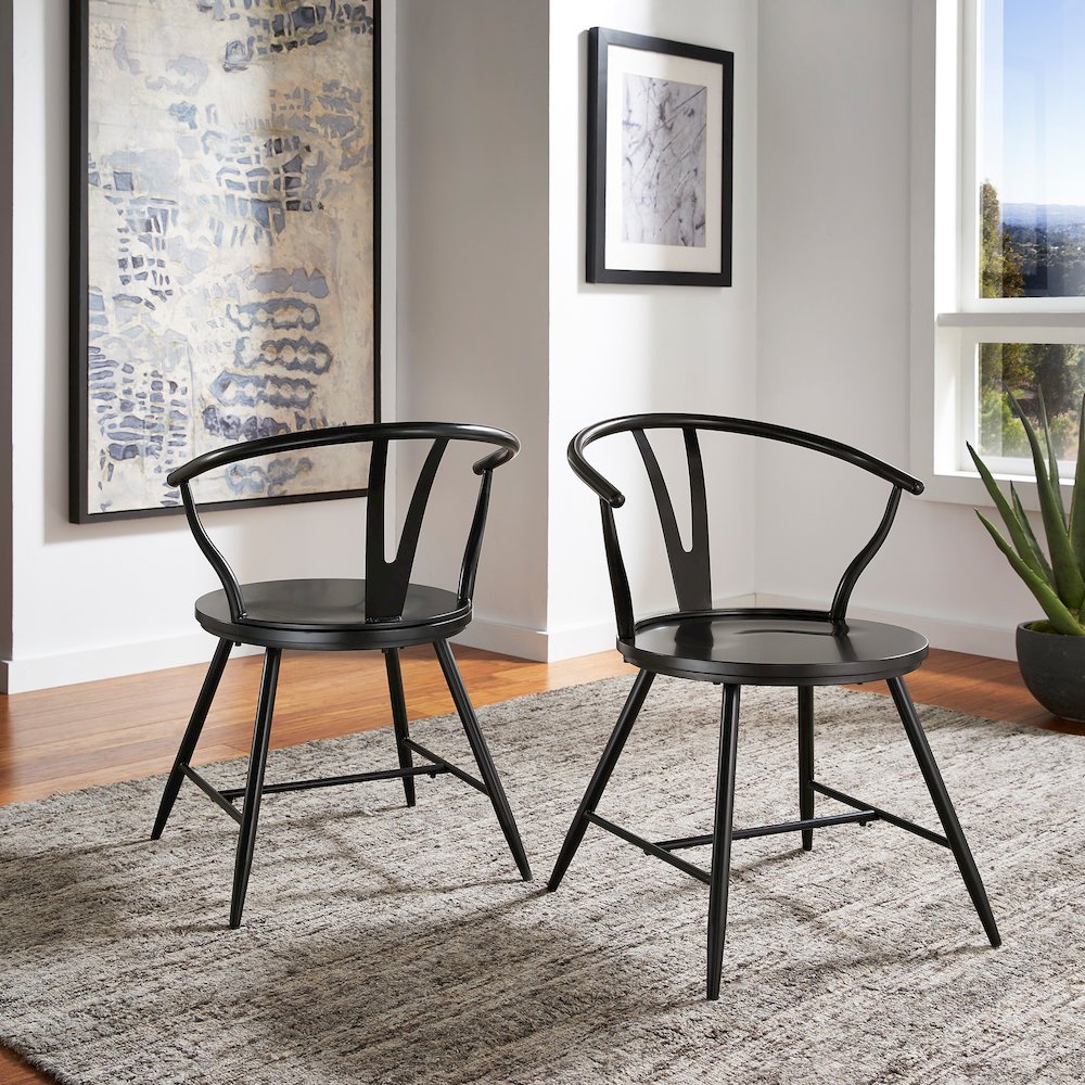 Set of 2, Black Finish Metal Wishbone Back Side Chair With Wood Seat. Picture 2