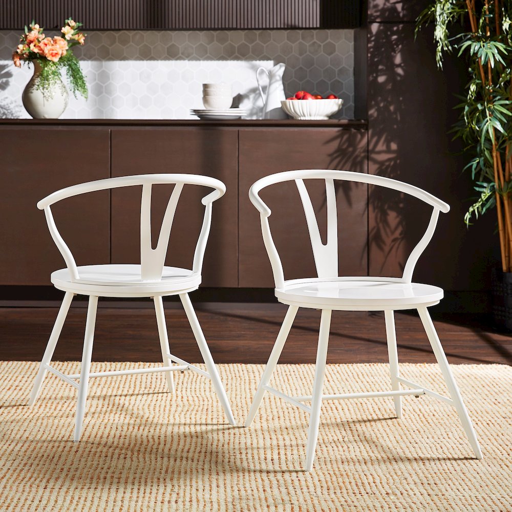 Set of 2, White Finish Metal Wishbone Back Side Chair With Wood Seat. Picture 1