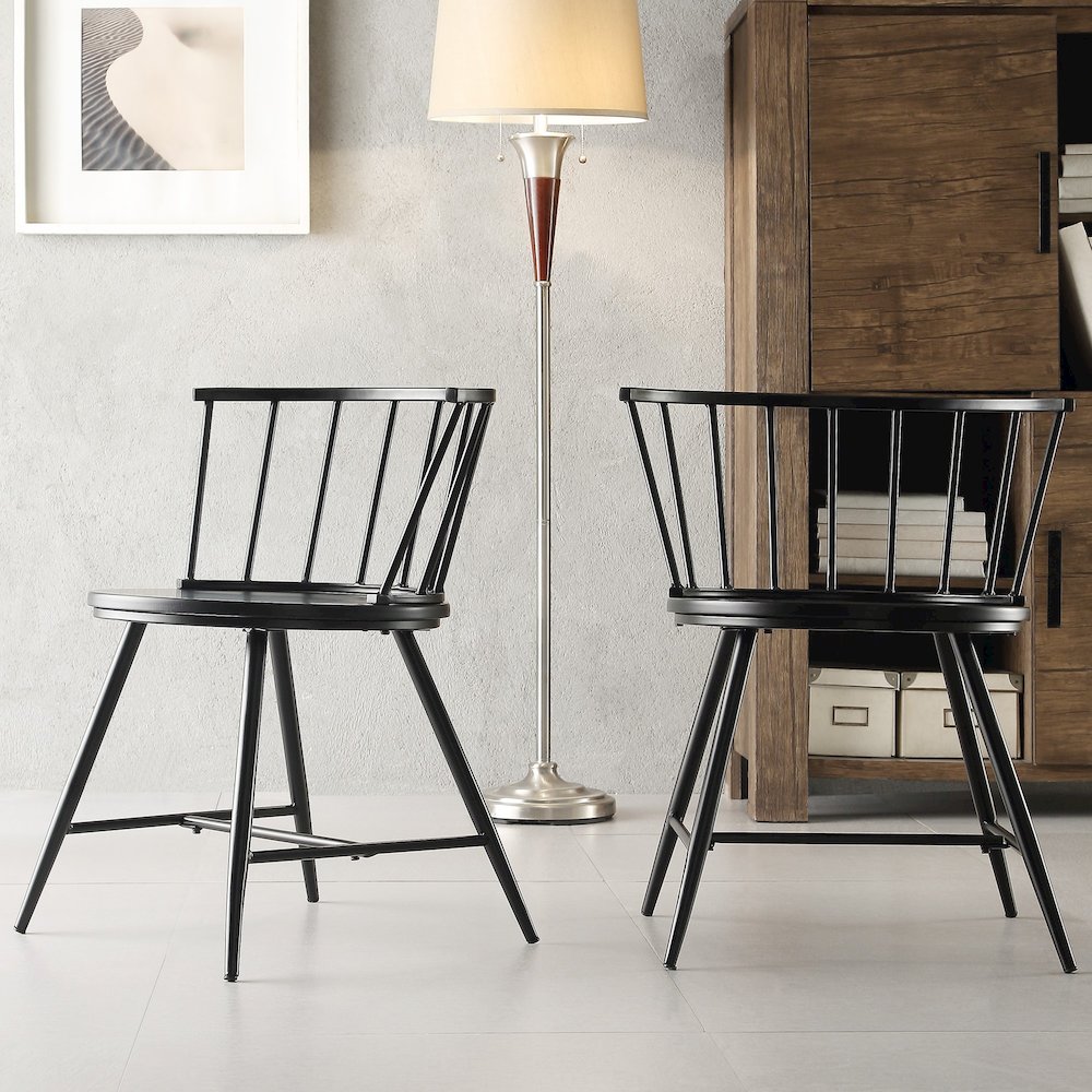 Set of 2, Black Finish Metal Low Back Windsor Side Chair With Wood Seat. Picture 1