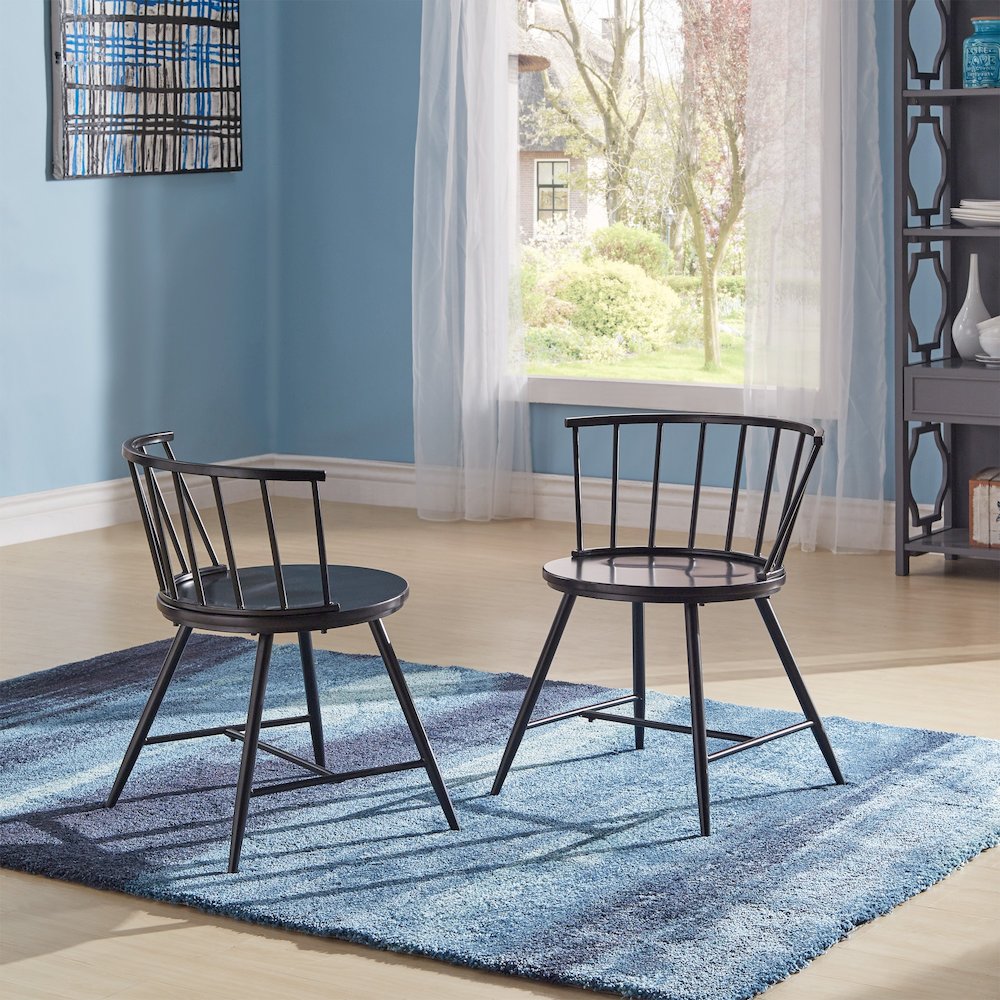 Set of 2, Black Finish Metal Low Back Windsor Side Chair With Wood Seat. Picture 2