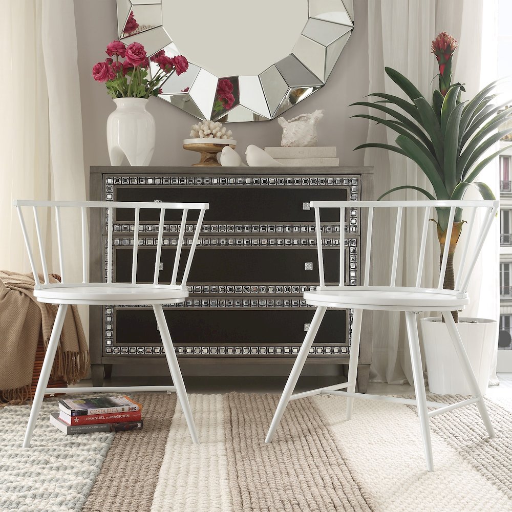 Set of 2, White Finish Metal Low Back Windsor Side Chair With Wood Seat. Picture 2