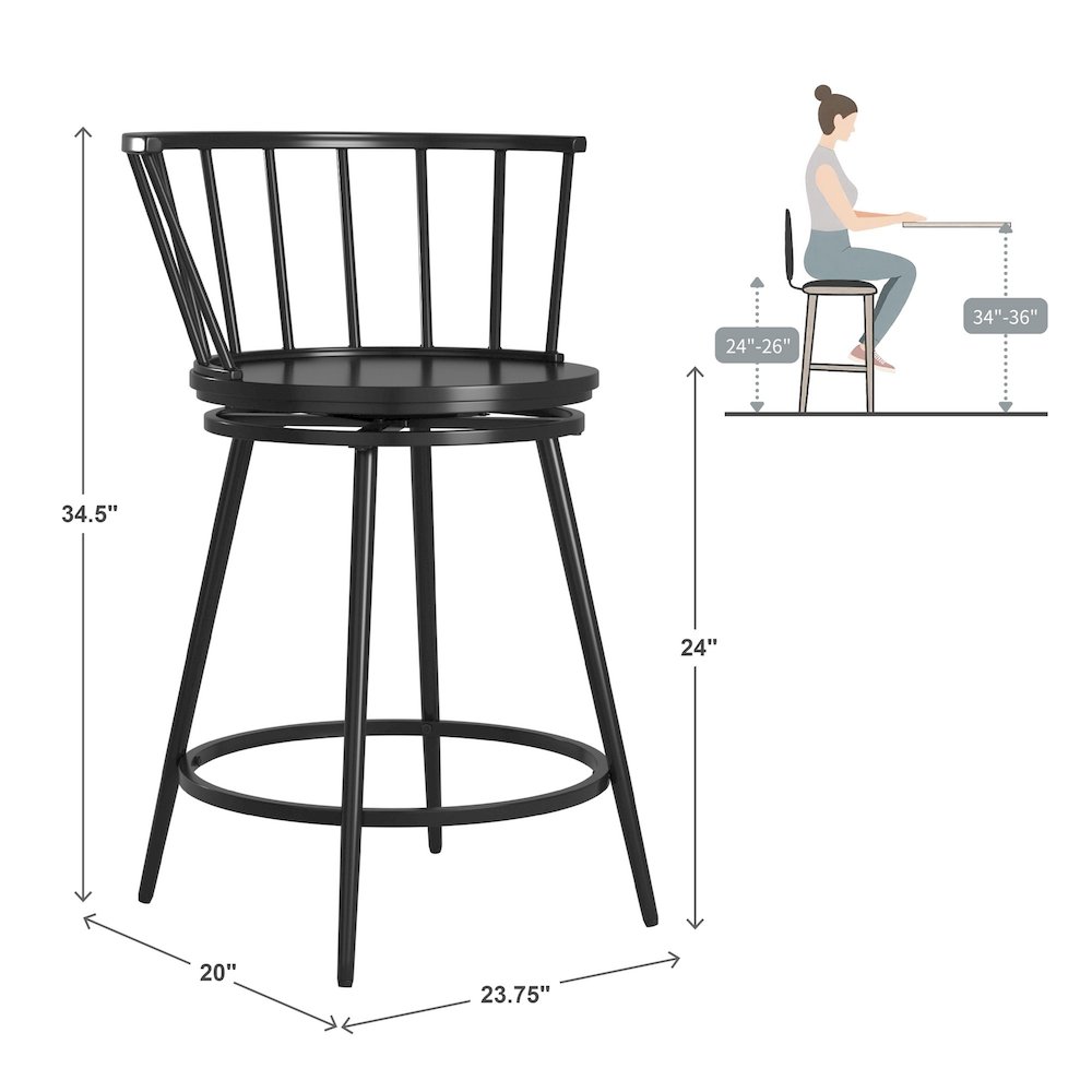 Set of 2, Black Finish Low Back Windsor Counter Height Chair. Picture 4