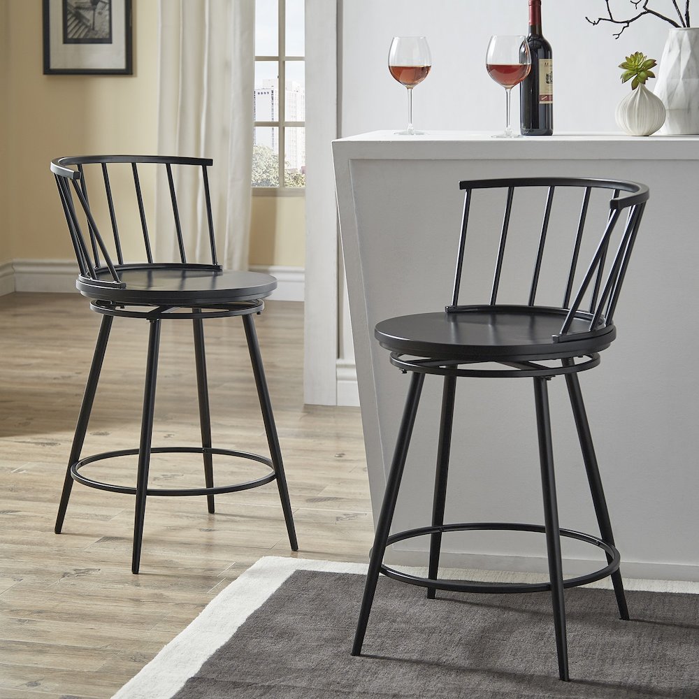 Set of 2, Black Finish Low Back Windsor Counter Height Chair. Picture 1