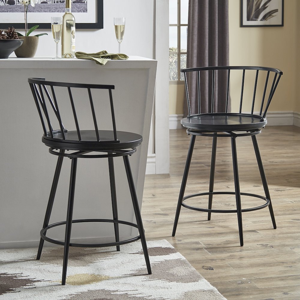 Set of 2, Black Finish Low Back Windsor Counter Height Chair. Picture 2