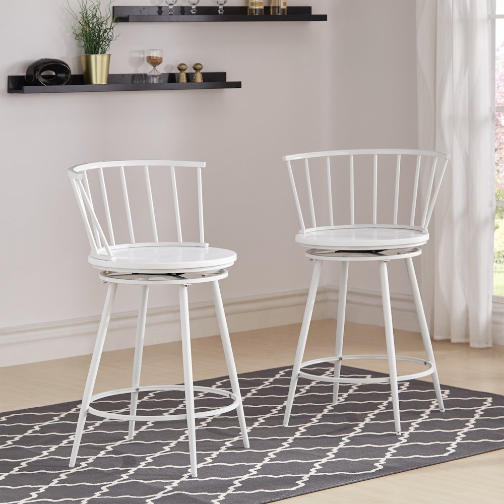 Set of 2, White Finish Low Back Windsor Counter Height Chair. Picture 2