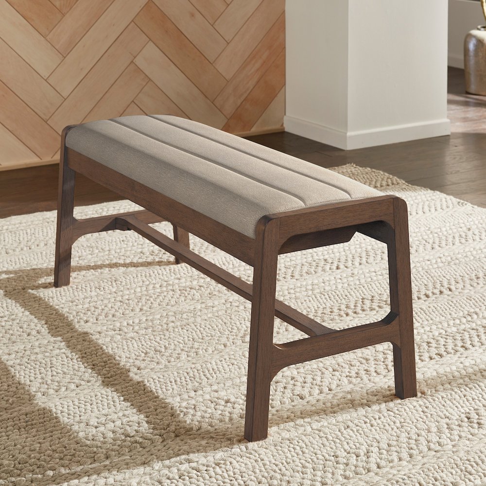 Walnut Finish Beige Fabric Bench. Picture 1