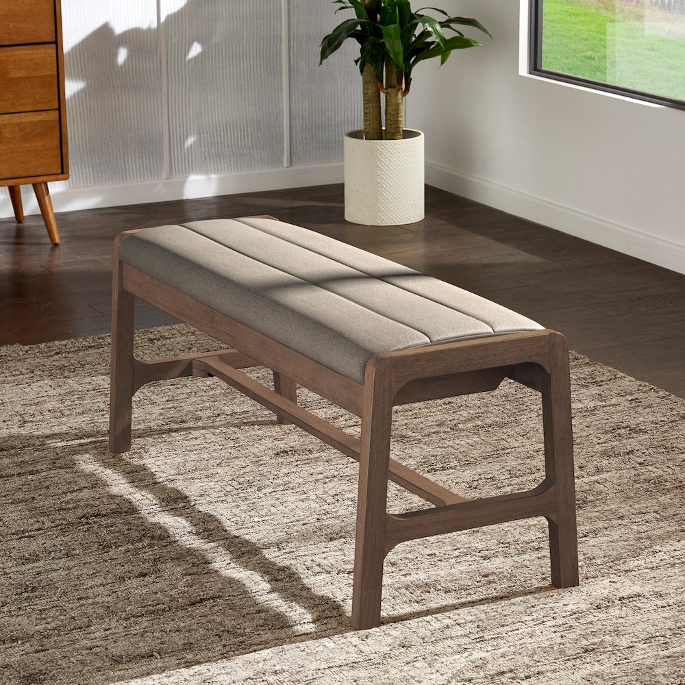 Walnut Finish Beige Fabric Bench. Picture 2