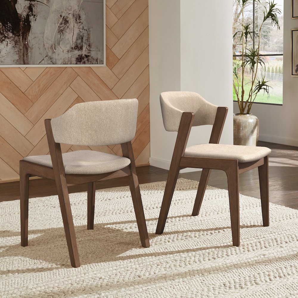 Set of 2, Walnut Finish Beige Fabric Chair. Picture 1