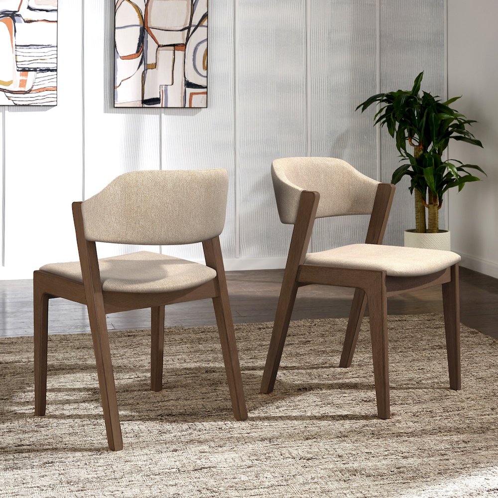 Set of 2, Walnut Finish Beige Fabric Chair. Picture 2