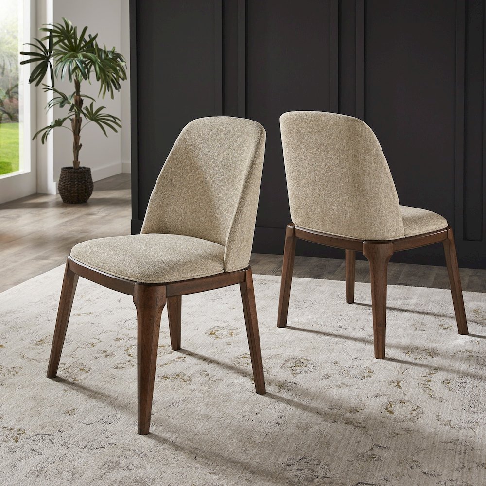 Set of 2, Walnut Finish Curved Back Sand Heathered Weave Dining Chair. Picture 1